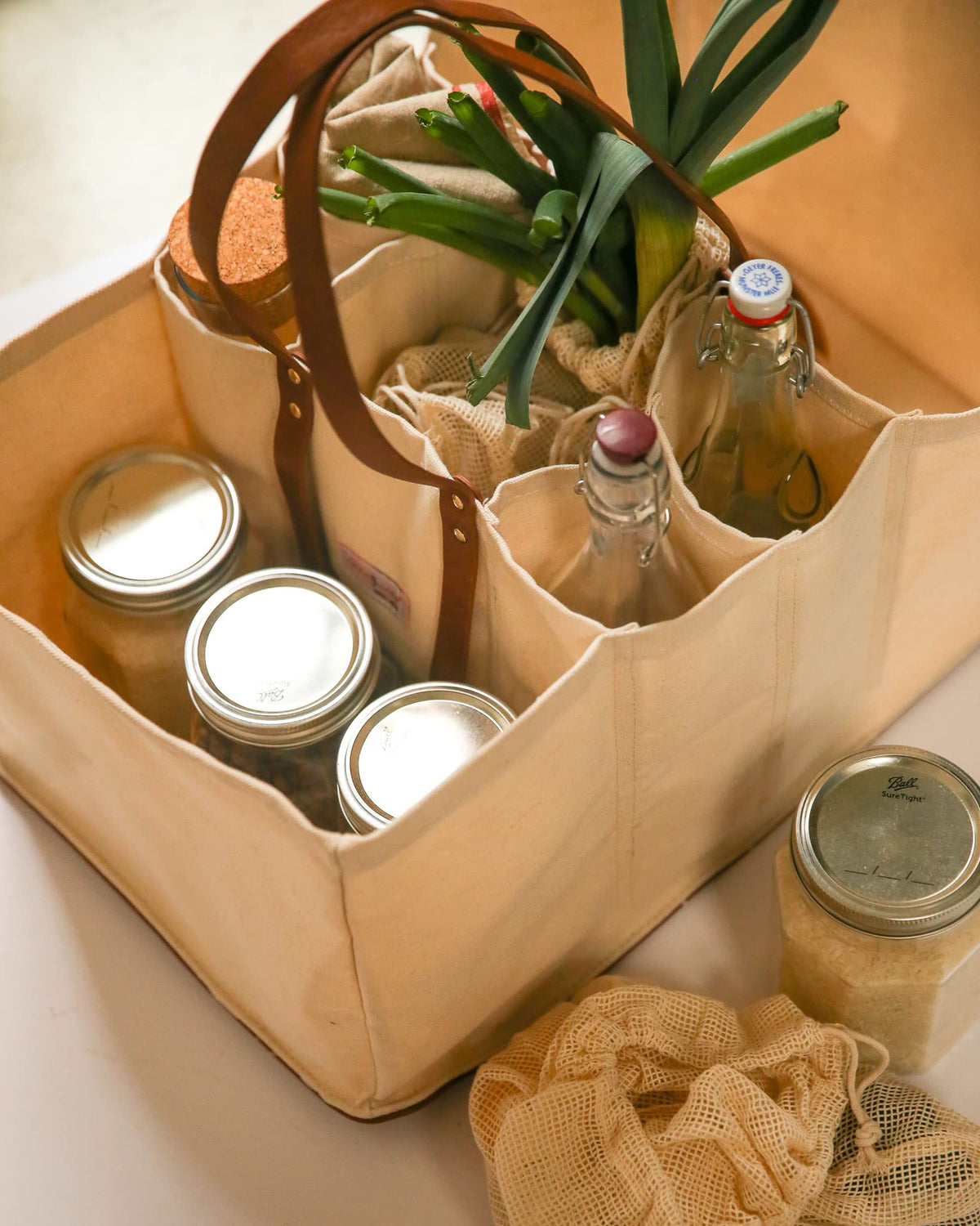 CapaBunga Grocery Tote Bag with Handles - 5 Pocket Large Utility Tote Bag - Heavy Duty Canvas Utility Bags with Vegan Leather Base - Reusable Shopping Bags for Groceries - Natural Grocery Bag