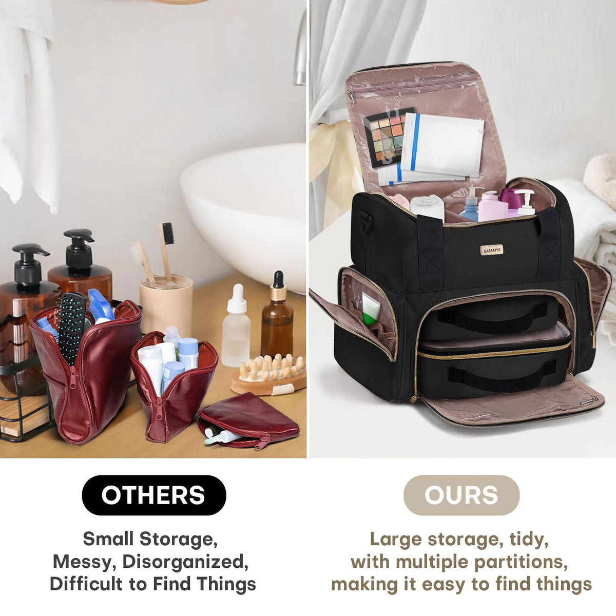 BAFAMYE Large Makeup Travel Cosmetic Bag with 2 Removable Case, Double Layer Big Travel Make Up Organizer Case, Toiletry Bag for Women, Train Cases Bags