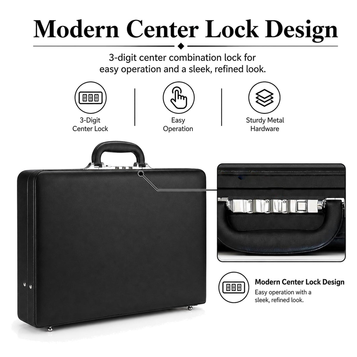 HAESTUS Leather Briefcase for Men with Combination Lock, Classic Hard Shell Attache Case in Black, Fits 16 Inch Laptop
