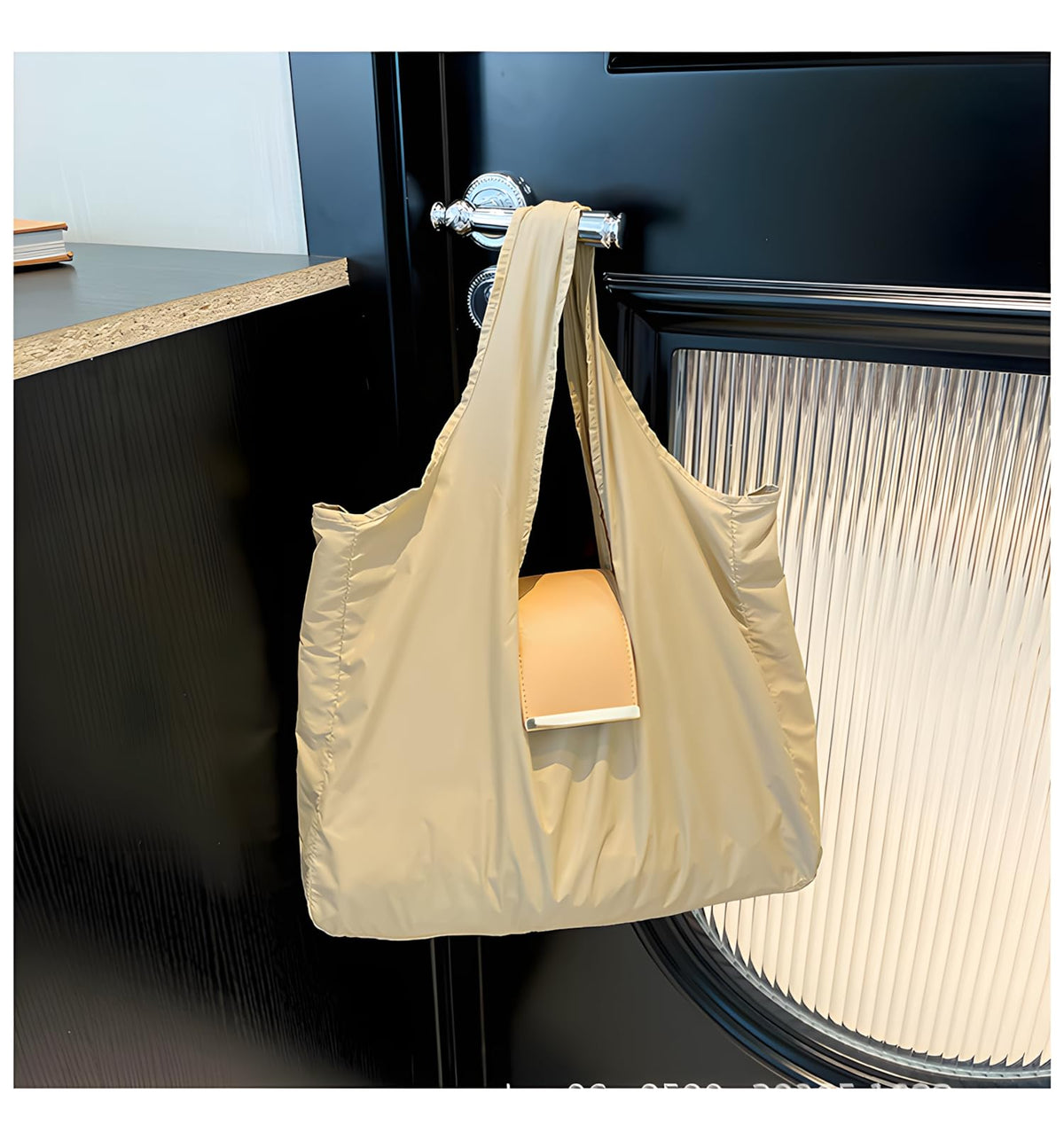 Locus Amoenus Foldable Reusable Shopping Bag Keychain, Portable Eco-Friendly Grocery Tote Bag for Women, Lightweight Travel Shopping Bag (Beige)