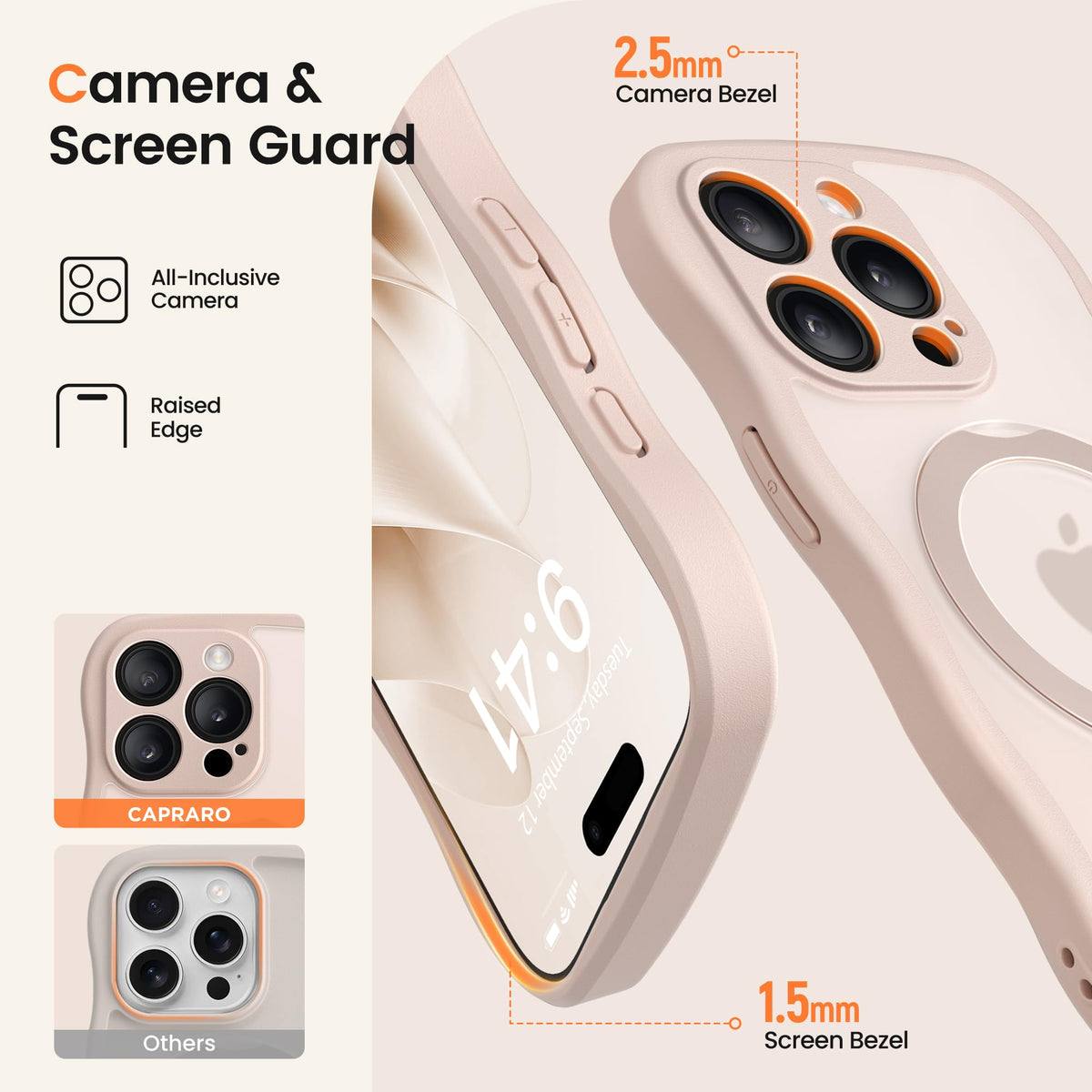 CAPRARO for iPhone 15 Pro Max Case with 360° Spin Magnetic Stand for Women, [Compatible with MagSafe] [Full Camera Protection] Cute Wave Translucent Matte Case for iPhone 15 Pro Max, Rose Gold