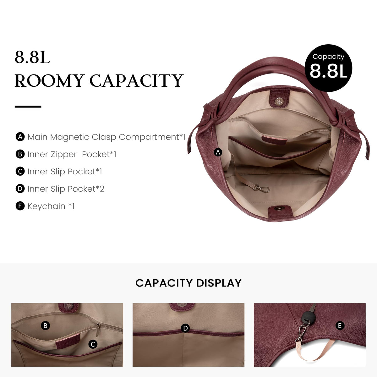befen Genuine Leather Slouchy Hobo Purses for Women, Casual Hobo Bags Real Top Grain Leather Tote Handbags Women's Burgundy Shoulder Satchel for Shopping, Outing, Travel