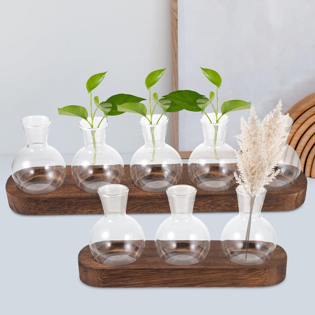 Toyvian Glass Plant Vase Set with Wooden Base, Hydroponic Terrarium for Indoor Greenery, Desktop Decorative Flower Vases for Office and Living Room (3 Bottles + 5 Bottles)