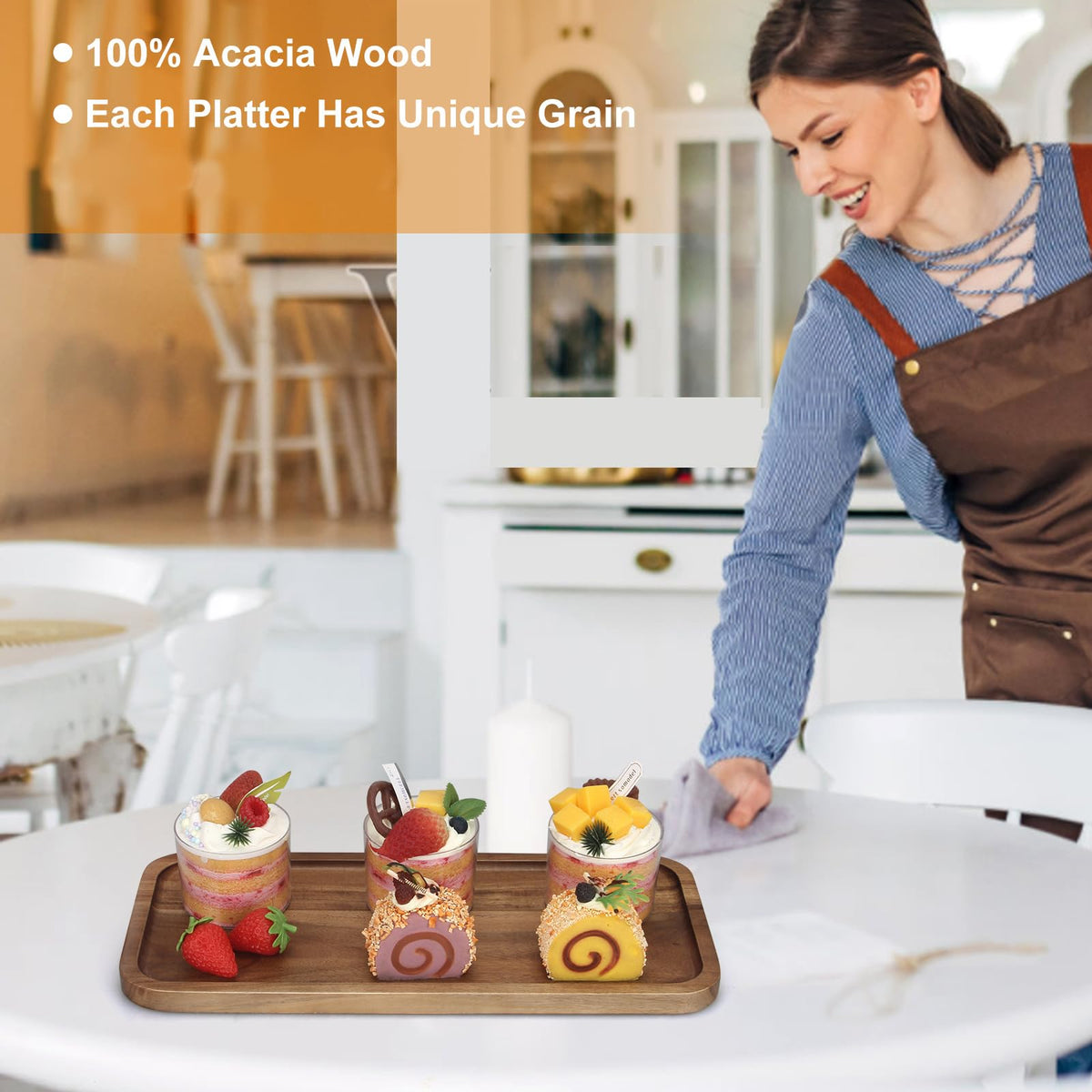16"x 8" Large Wooden Serving Trays Decor Long Charcuterie Cheese Boards Acacia Wood Kitchen Dinner Platters Rectangular Snack Appetizer Plates for Food Dish Rectangle Party Cookie Dessert Tray
