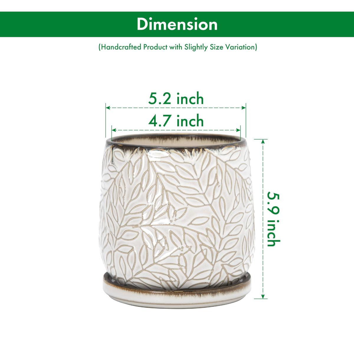 D'vine Dev 5 Inch Embossed Leaves Stoneware Planter Pot with Drainage Hole and Saucer, Smoked White, Set of 2, 27-F-V-1