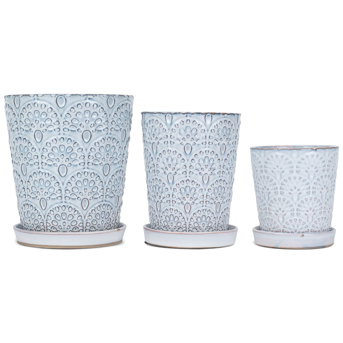 Napco Embossed Scallops White Ceramic Flower Pot Planter with Saucer Set of 3