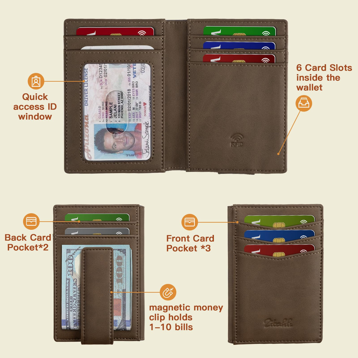 Zitahli Mens Slim Wallet - RFID Blocking Leather Bifold with Magnetic Closure, 12+ Card Capacity ID Window | Money Clip Gifts for Him