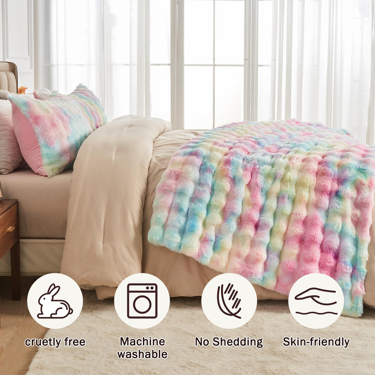 EMME Faux Fur Blanket King Size Rainbow - Big Bubble Rabbit Cozy Blanket for Couch, Thick Furry Plush Shaggy Blankets, 650GSM, 108x90 Inches