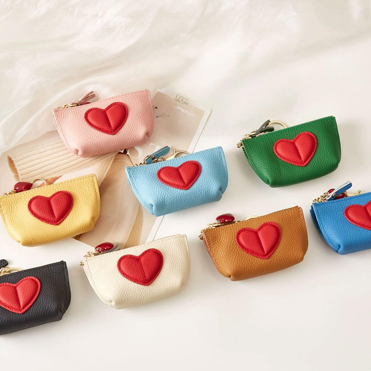 Red Heart Design Small Coin Purse - Cute Compact Keychain Change Purse Soft Leather Wallet with Zipper for Women (Blue)