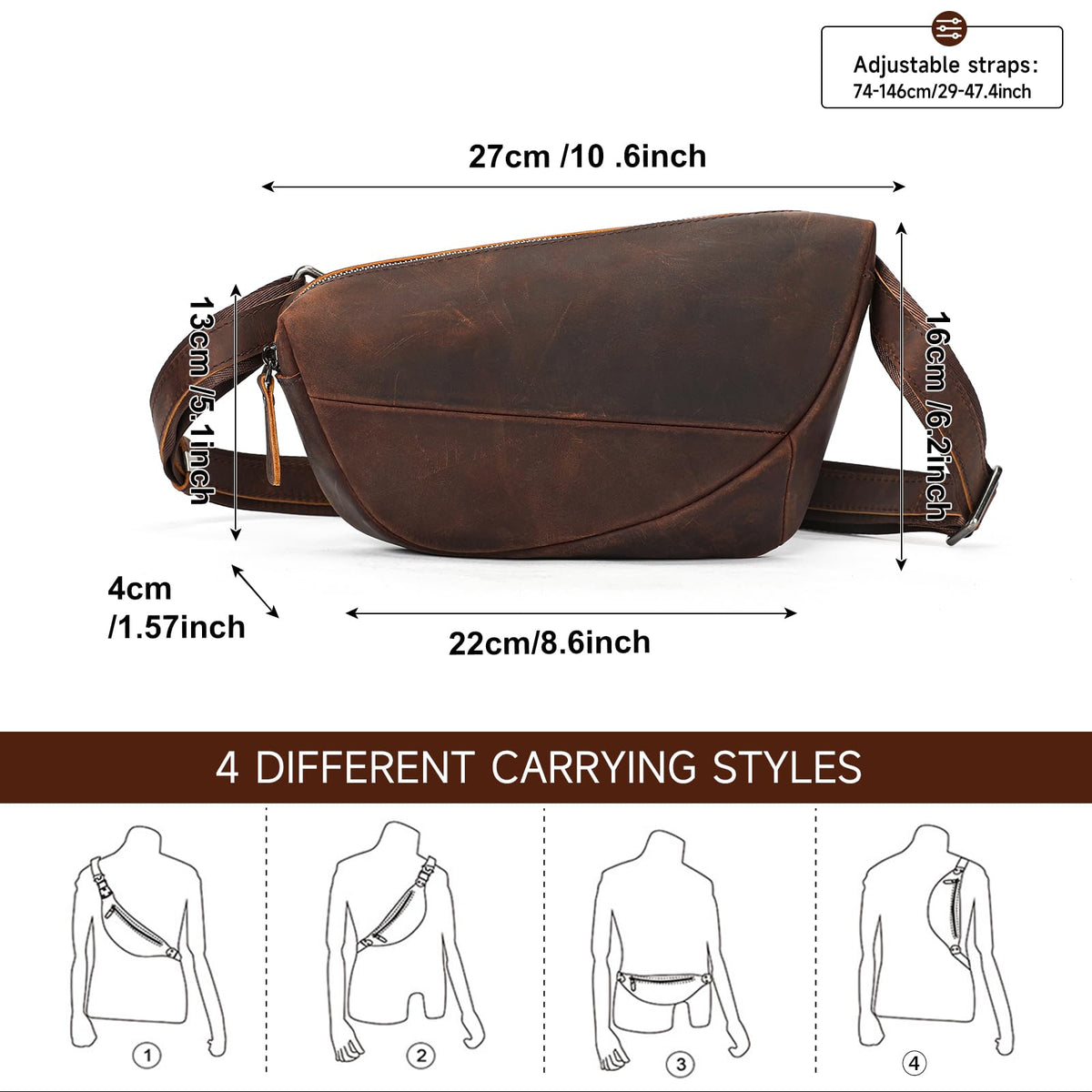 NIUCUNZH Genuine Leather Mens Sling Bag for Women Vintage Small Crossbody Bags Purse for Hiking Travel Chest Daypack (coffee)