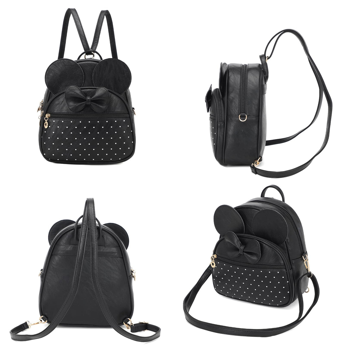 KL928 Girls Mini Backpack Bowknot Polka Dot Cute Daypacks Convertible Shoulder Bag Purse for Women (Black)