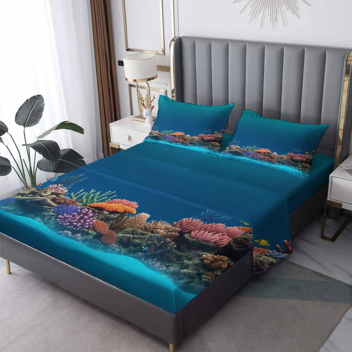 THYUNQ Underwater Sheets Queen Size Bed, Ocean Pattern Sheet Set & Bedroom Decor - 16 Inch Deep Pocket, Super Soft Microfiber Bedding Sheets & Pillowcases 4 Piece