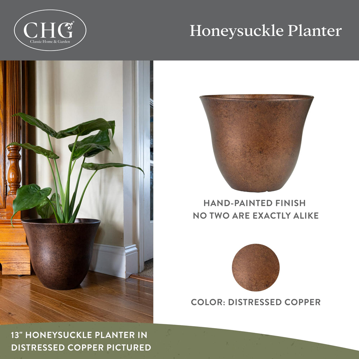 Classic Home and Garden by Growscape Honeysuckle Resin Planters - Lightweight Indoor & Outdoor Plant Pots - UV-Resistant Plastic Flower Pots - Pot Planters for Flowers & Herbs (13" Distressed Copper)