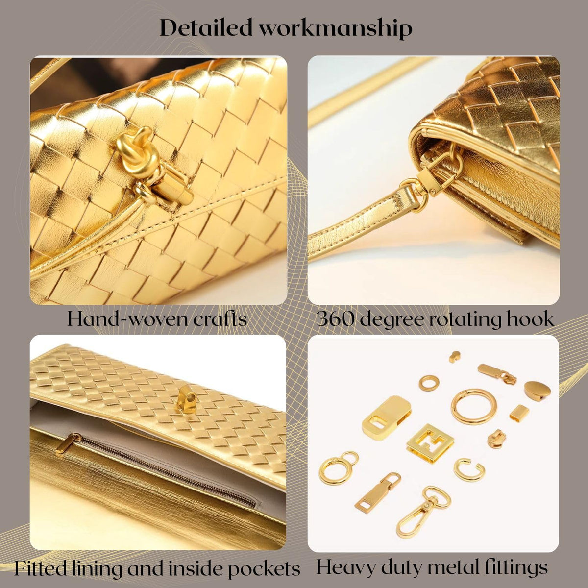 DST Gainbow Woven Clutch Purses for Women, PU Leather Evening Bag,Crossbody Shoulder Handbag with Detachable Strap（Gold）