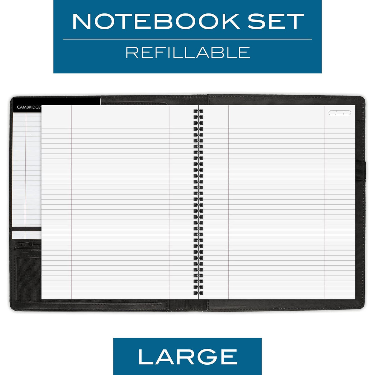 Cambridge Limited Business Notebook, 8-1/2" x 11", 50 Sheets, NoteTaker Portfolio and Refillable Notebook with 5" x 8" Notepad and Business Card Pocket, Zipper Mesh Pocket, Black (06126)
