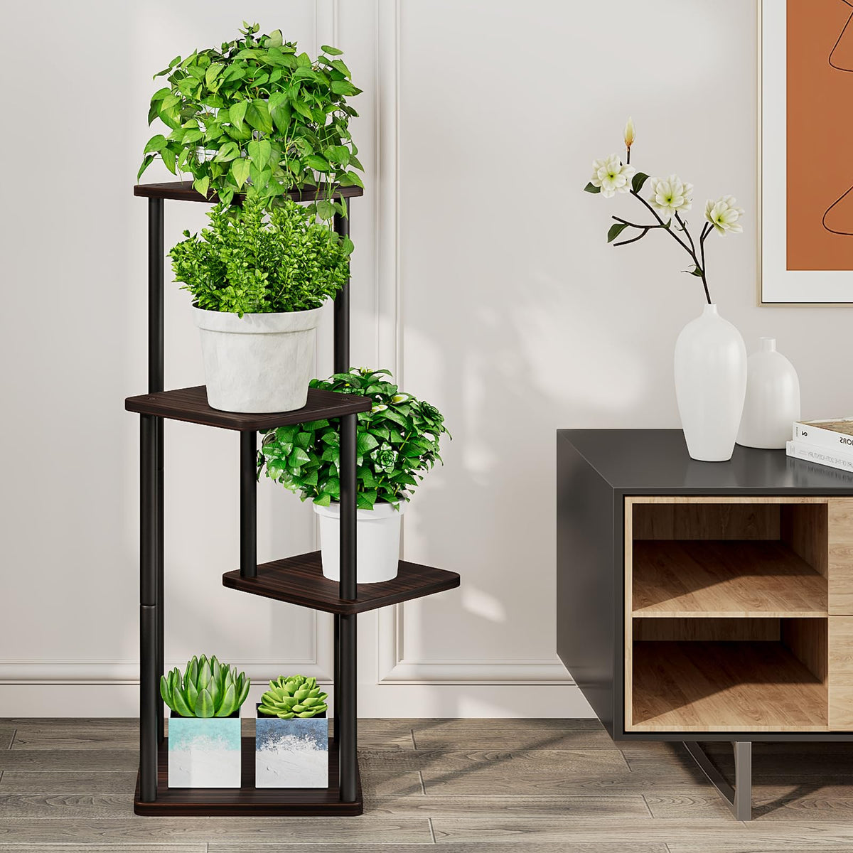 AZERPIAN Plant Stand 4 Tier Indoor Metal Flower Shelf for Multiple Plants Corner Tall Flower Holders for Patio Garden Living Room Balcony Bedroom, Black oak
