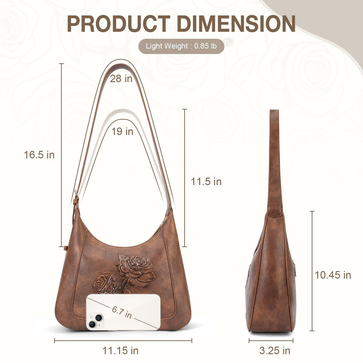VIMUTI Small Shoulder Bag for Women, Vegan Leather Embossed Hobo Purse with Underarm Strap, Compact Daily Handbag (Brown)
