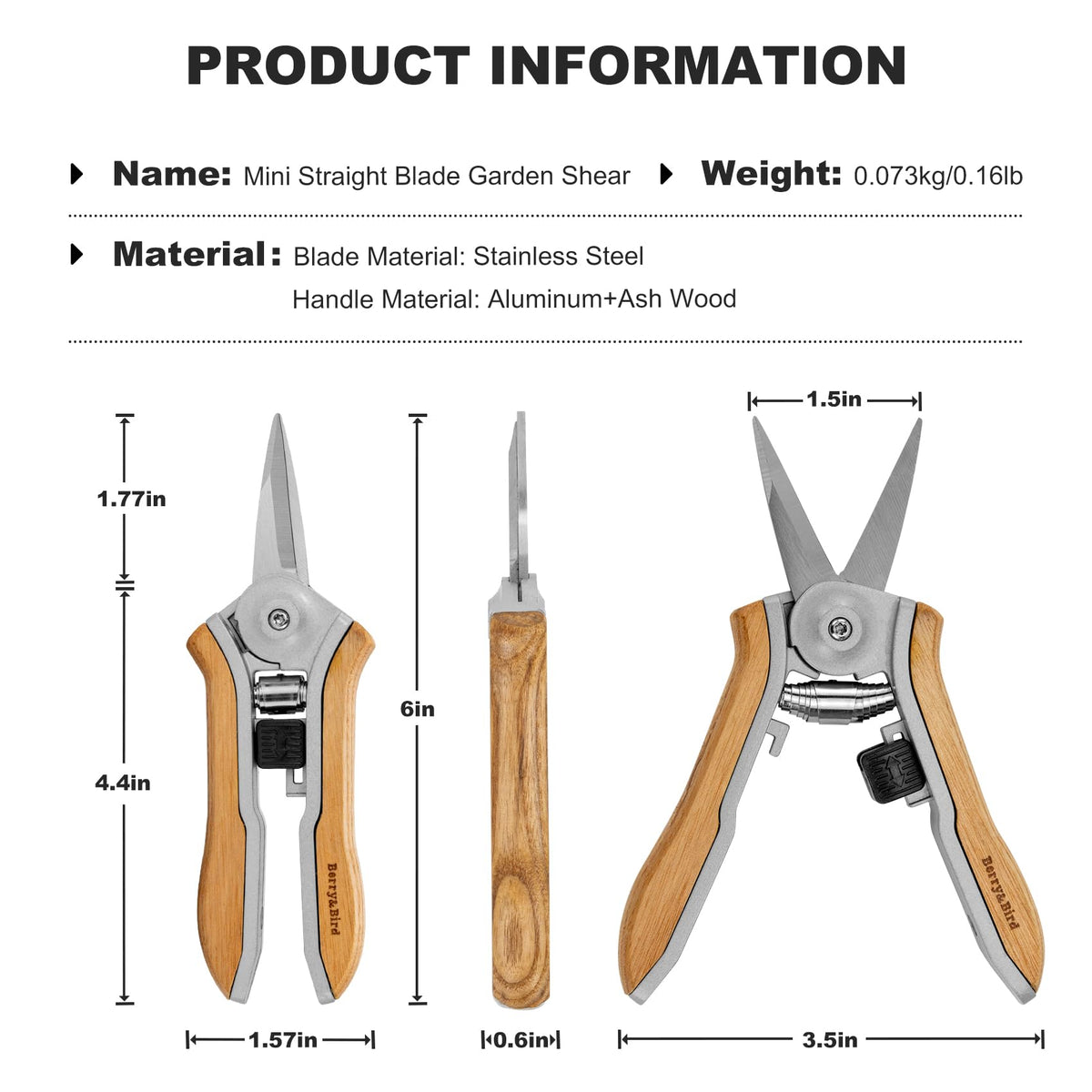 Berry&Bird Mini Pruning Shears for Gardening Straight Blades Hand Pruners with Wooden Handle Garden Scissors Snips Stainless Steel Trimming Small Clippers Bonsai Compact Size Shearing Tool