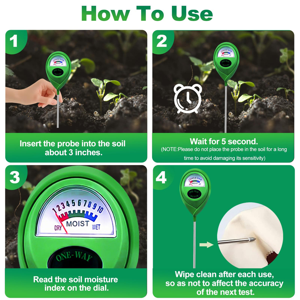 METINFUS Soil Moisture Meter, Hygrometer Soil Tester for Plants, Moisture Sensor, Soil Moisture Sensor without Battery, Ideal Garden Tool for Lawn, Indoor and Outdoor Use (Light Green, Pack of 2)