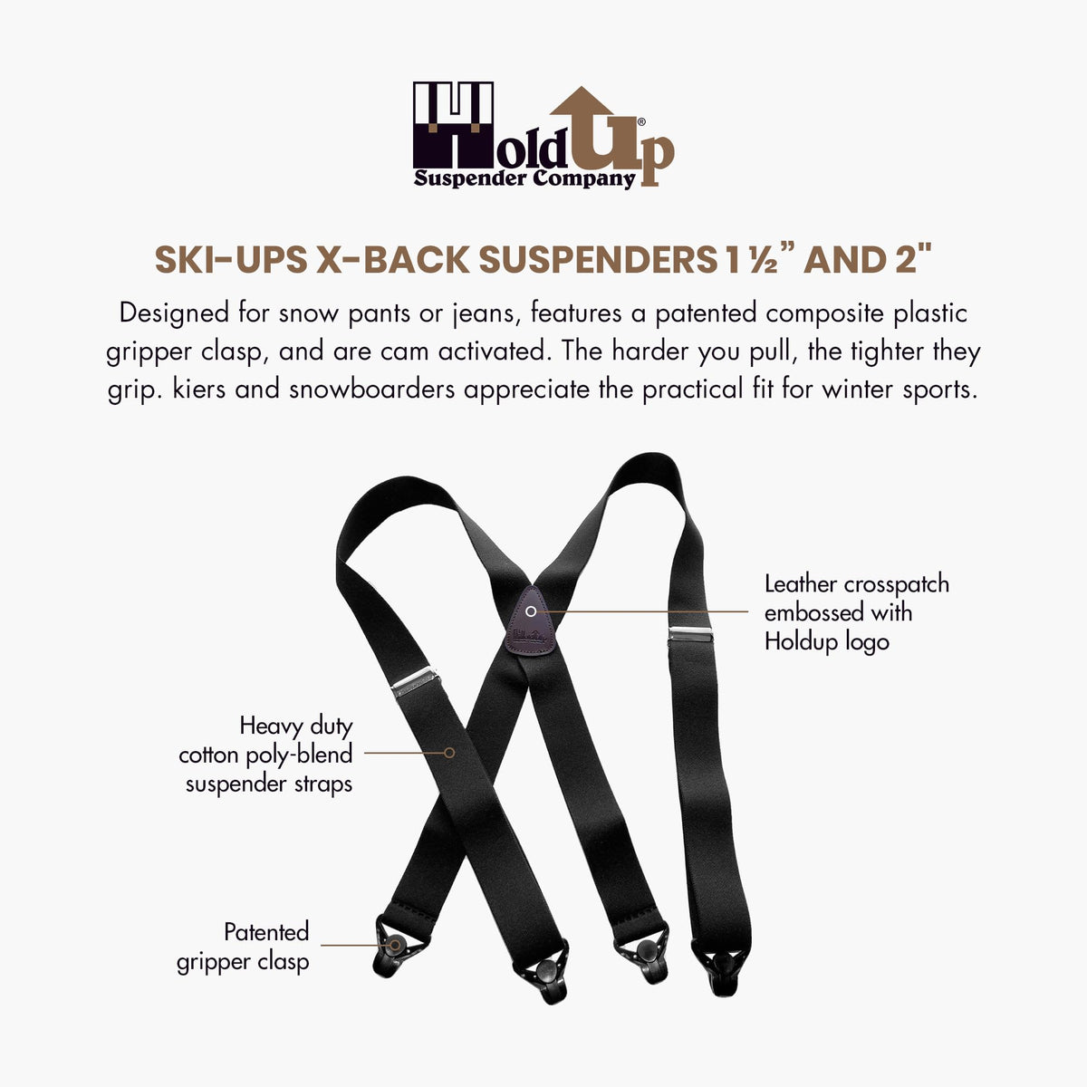 Holdup Ski-Ups Blue 1 1/2" Suspenders for Men with USA Patented Black Composite Plastic Gripper Clasps