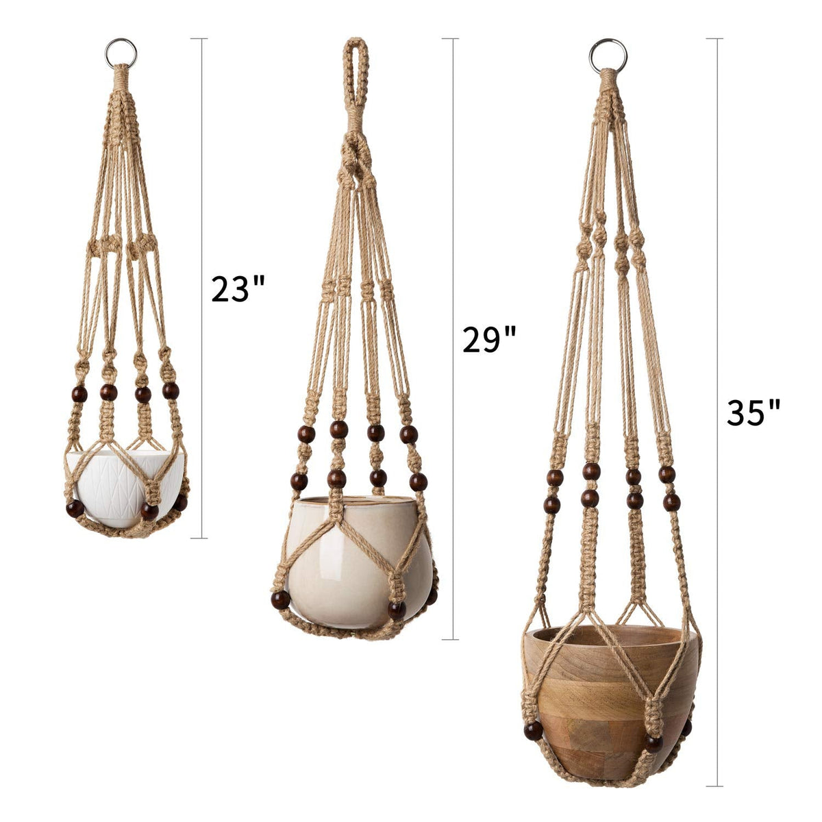 Mkono 3 Pack Macrame Plant Hangers and Ceiling Hooks, Indoor Different Size Hanging Planter Basket Flower Pot Holder with Beads No Tassels, Medium, Brown