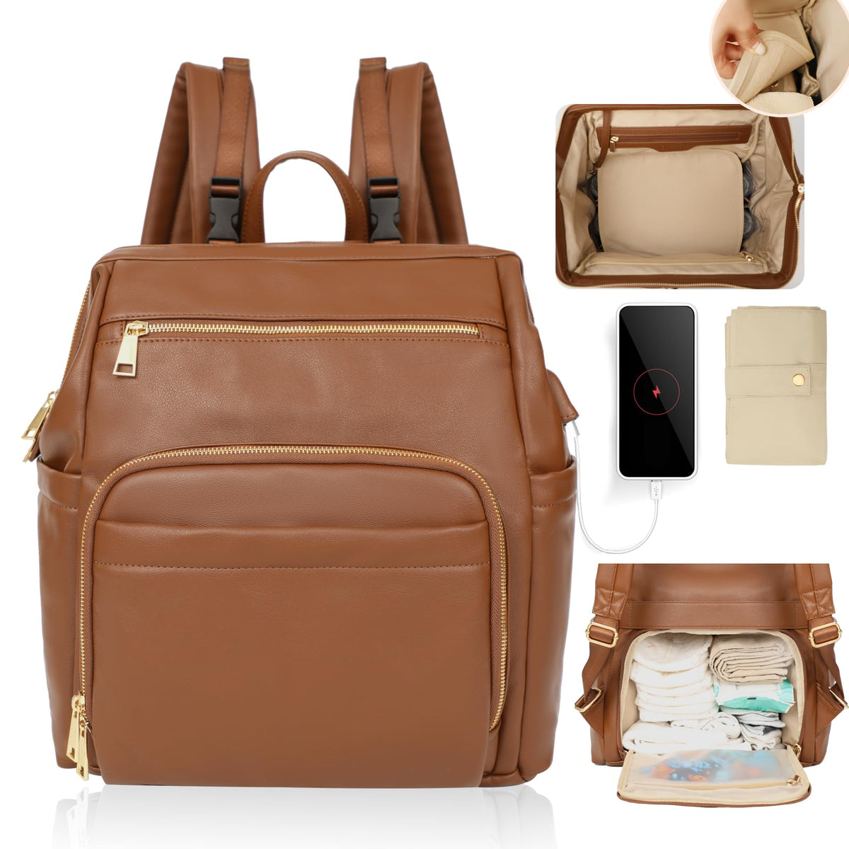 Omanmoli Diaper Bag Backpack Leather Large Baby Diaper Bag Essentials With 18 Organizing Pockets,6 Insulated Pockets,USB Charging Port,Stroller Straps,Changing Pad (Brown)
