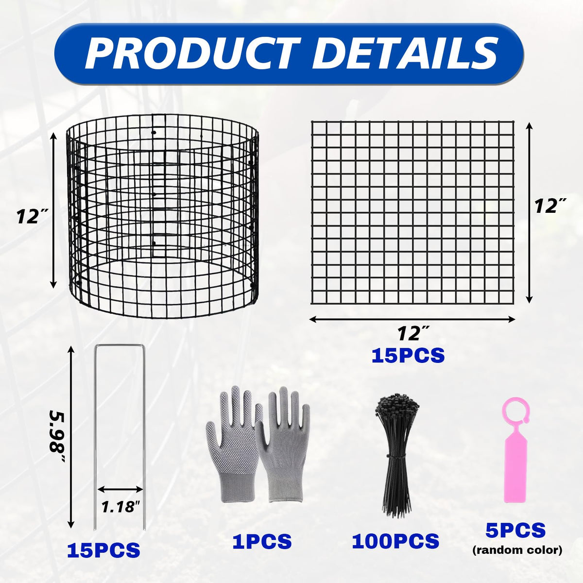 AUREZ 15 Pcs Large Wire Plant Protector from Animals, 5pack Metal Plant Cage Chicken Wire Cloche to Keep Rabbit,Squirrel Out(Black) (5pack 12''X12'')