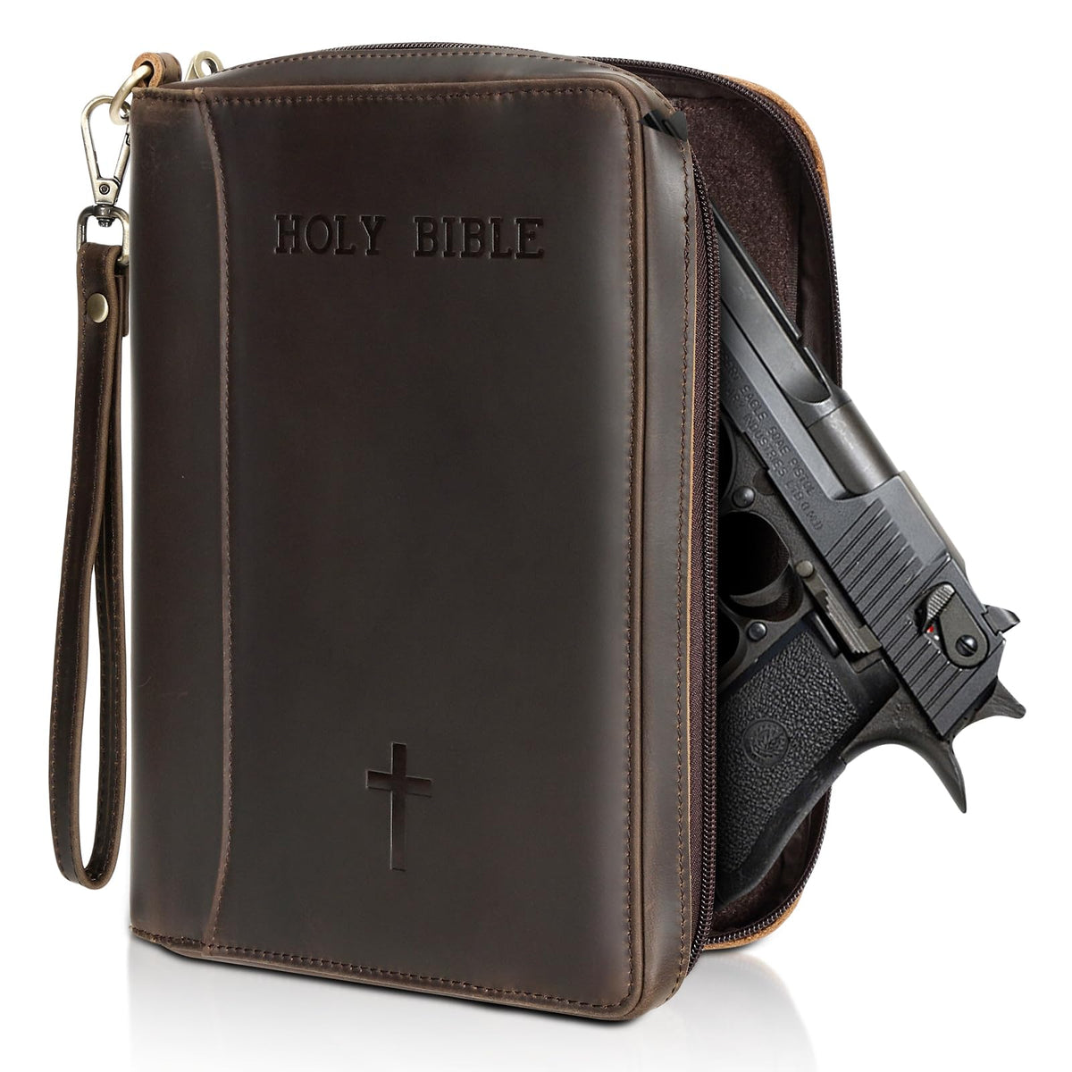 Polare Full Grain Leather Holy Bible Soft Carry Handgun Pouch CCW Bag Padded Pistol Wallet Tactical Case with Lockable Zipper and Wristlet Strap