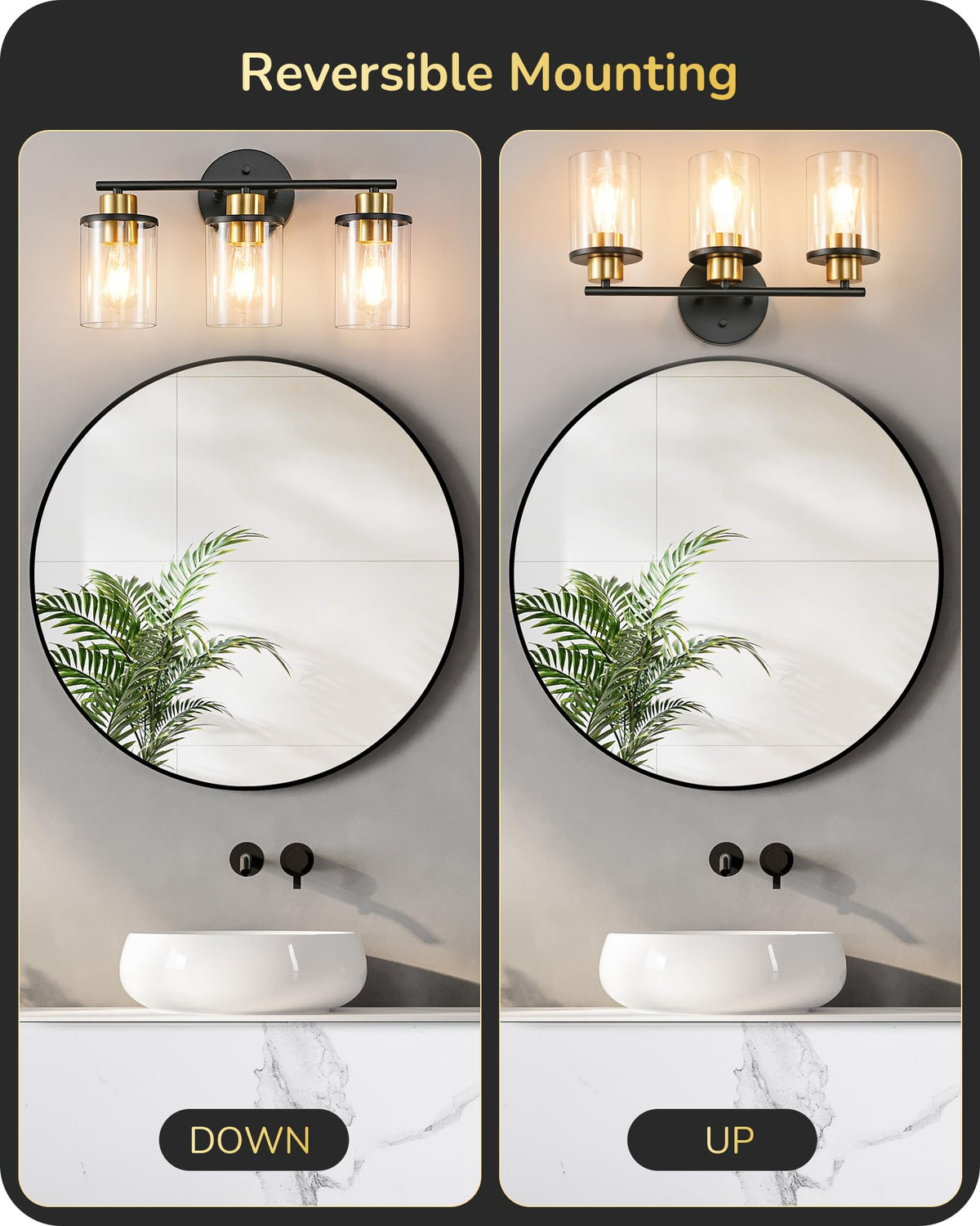 EDISHINE 3-Light Bathroom Vanity Light Fixture, Metal, Black and Gold, Model HHVL04H, Clear Glass Shade