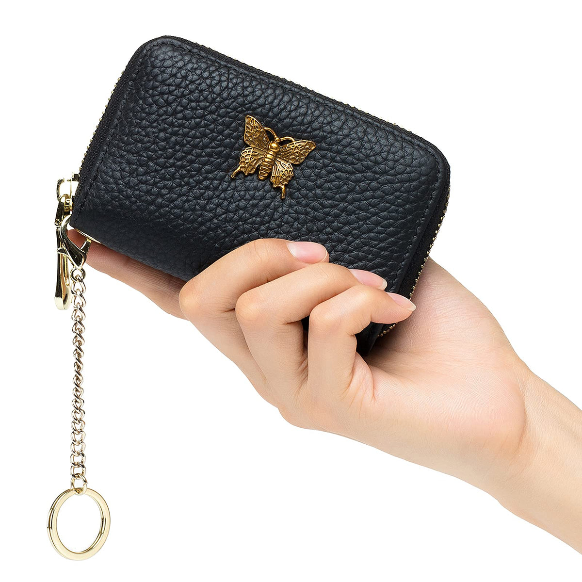 imeetu RFID Credit Card Holder for Women Genuine Leather Card Case Wallet with Zipper and Removable Keychain (Black)