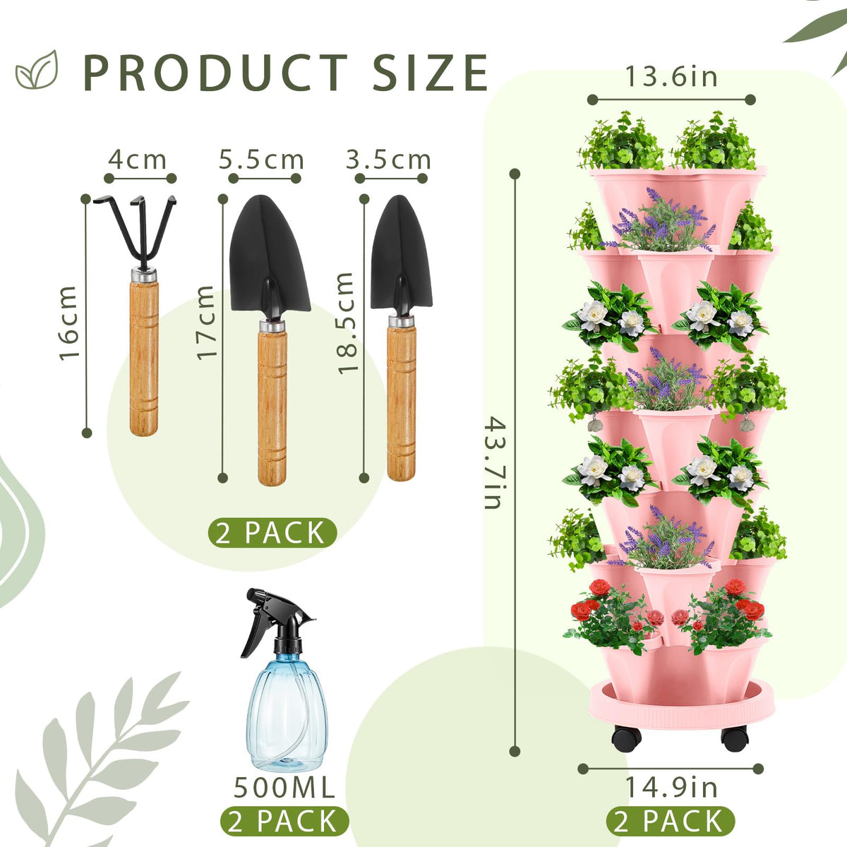 Umigy 2 Set of 7 Tier Vertical Planter Stackable Tower Planters Strawberry Herb Flower and Vegetable Pots Indoor Outdoor Gardening Pots with Removable Wheels and Tools(Pink)