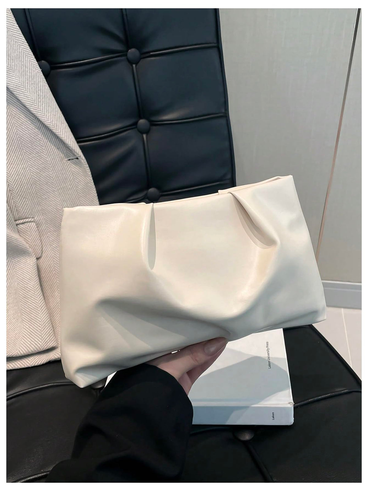 OYOANGLE Women's PU Leather Clutch Purses Small Zipper Ruched Minimalist Handbag Beige One Size