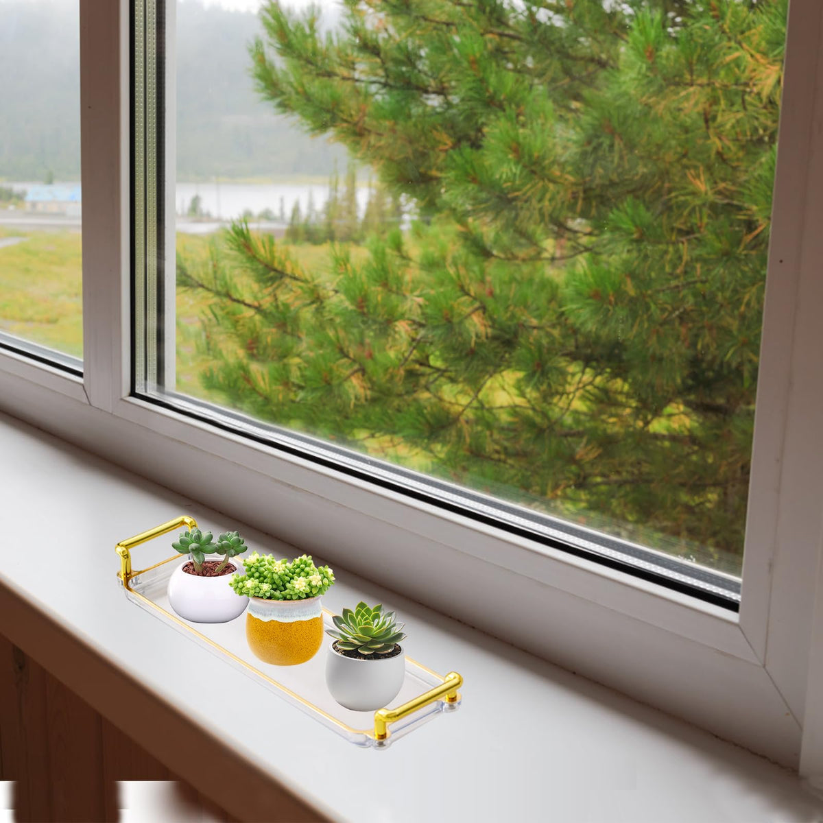 HaoGludi 3 PCS Rectangular Plant Saucer, 12.2 x 3.5 inches Decorative Plastic Window Sill Plant Tray, Reusable Planter Base for Succulent Pots Indoor/Outdoor Decor, Amber