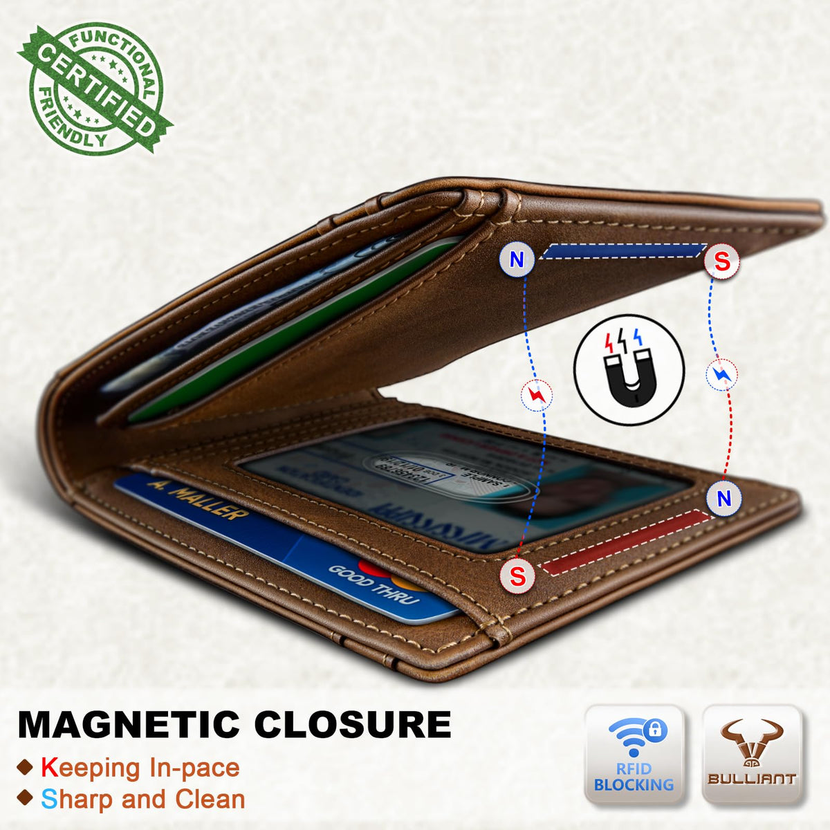 BULLIANT Men Full Grain Leather Wallet, Slim Magnetic Front Pocket Wallet 10Cards, RFID Blocking 4.2" x3”