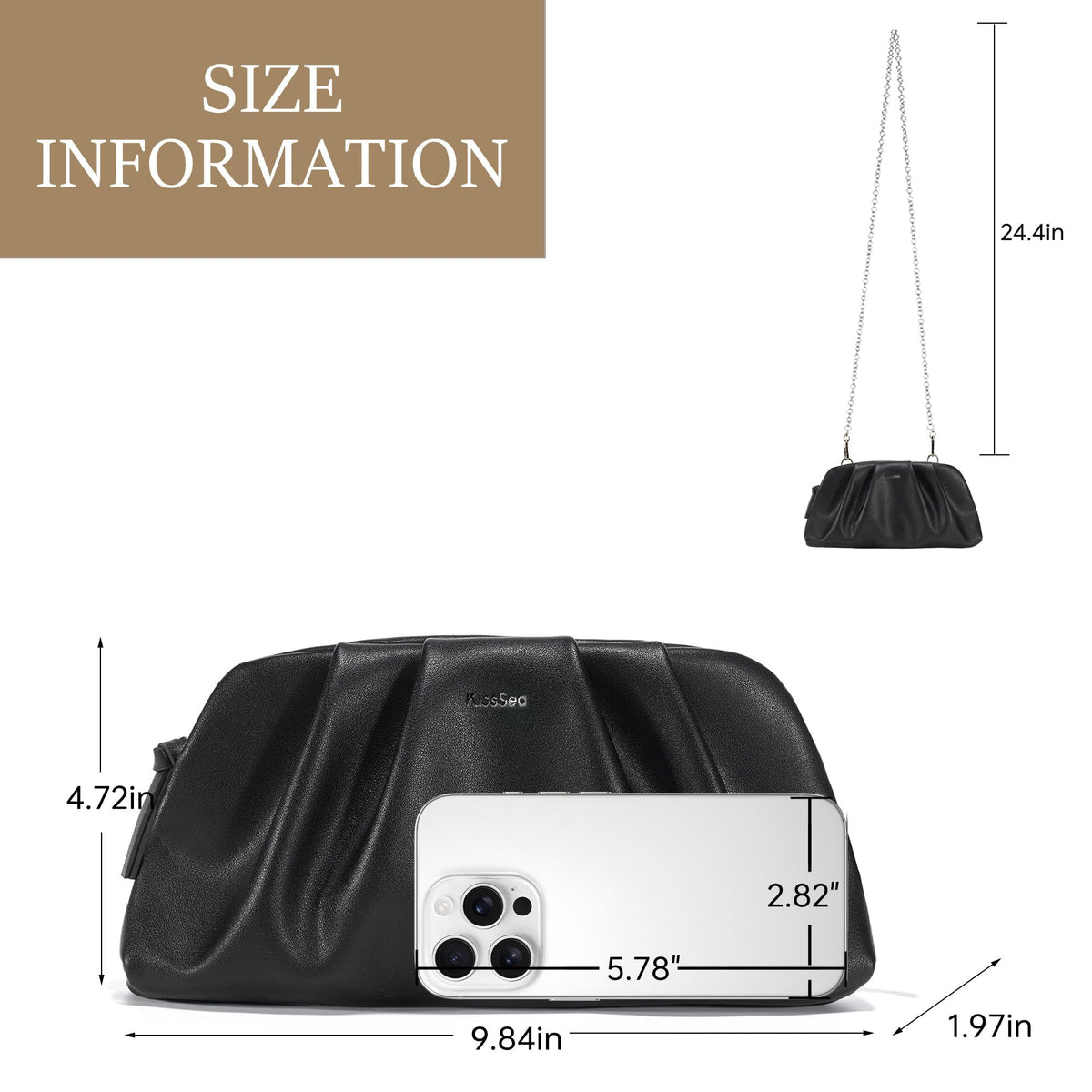 Kiss Sea Zipper Purses for Women Soft Pleated Vegan Leather Crossbody Bags Small Evening Bag for Cocktail Parties Black