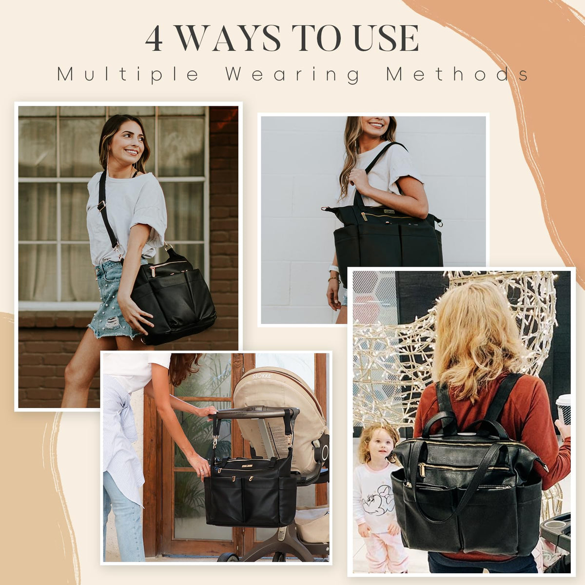 miss fong Diaper Bag Tote Leather Diaper Bag Backpack Pañaleras Para Bebe with 15 Pockets,Leather Diaper Tote with Diaper Changing Pad, Baby Bag for Moms Mommy Bag for Women-Black