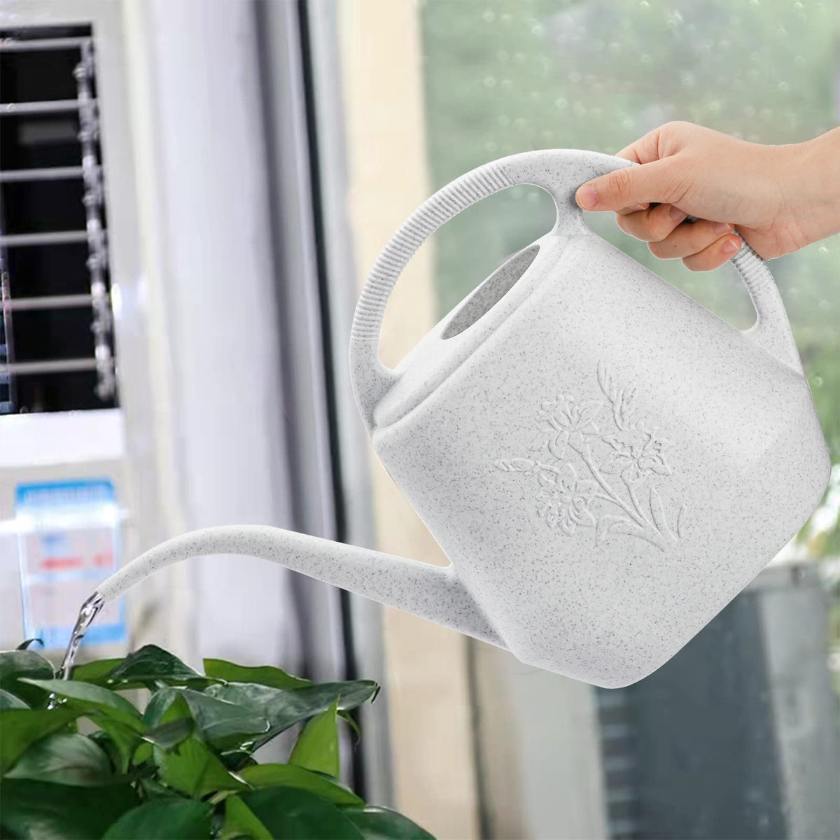 Fasmov 1-Gallon Plastic Watering Can with Comfortable Handle, Garden Watering Cans Long Spout for Indoor Outdoor Watering Plants (Gray White)