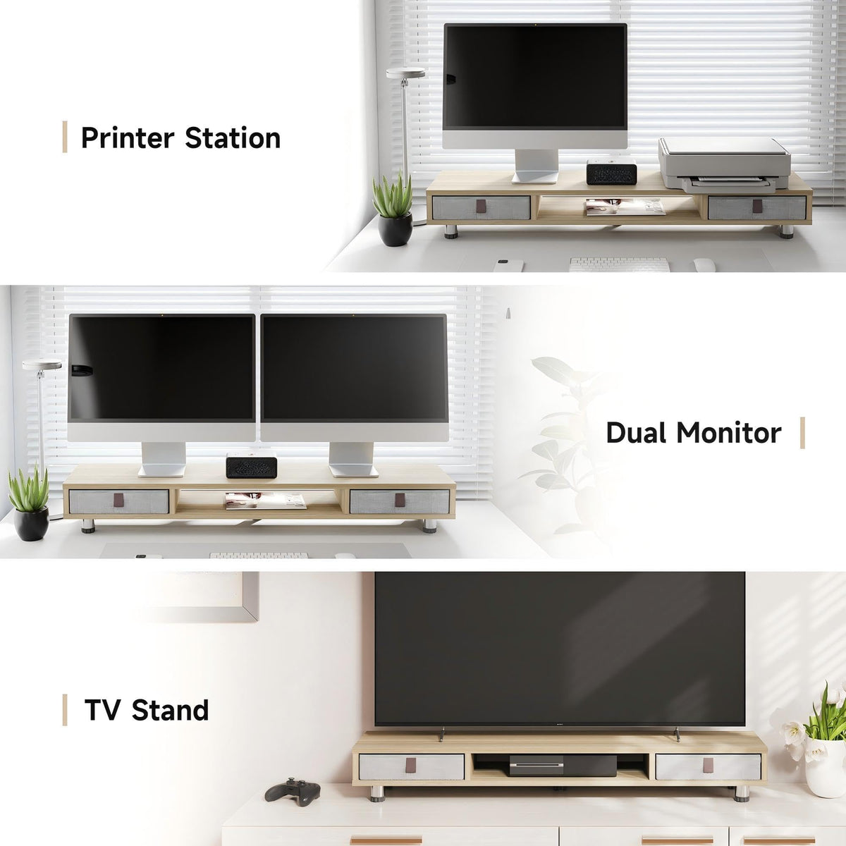 Fenge Monitor Stand, Dual Monitor Stand with 2 Drawers, Monitor Riser for 2 Monitors, Adjustable Height Computer Stand, Office Monitor Stands for Desk, Laptop, PC, TV, Printer