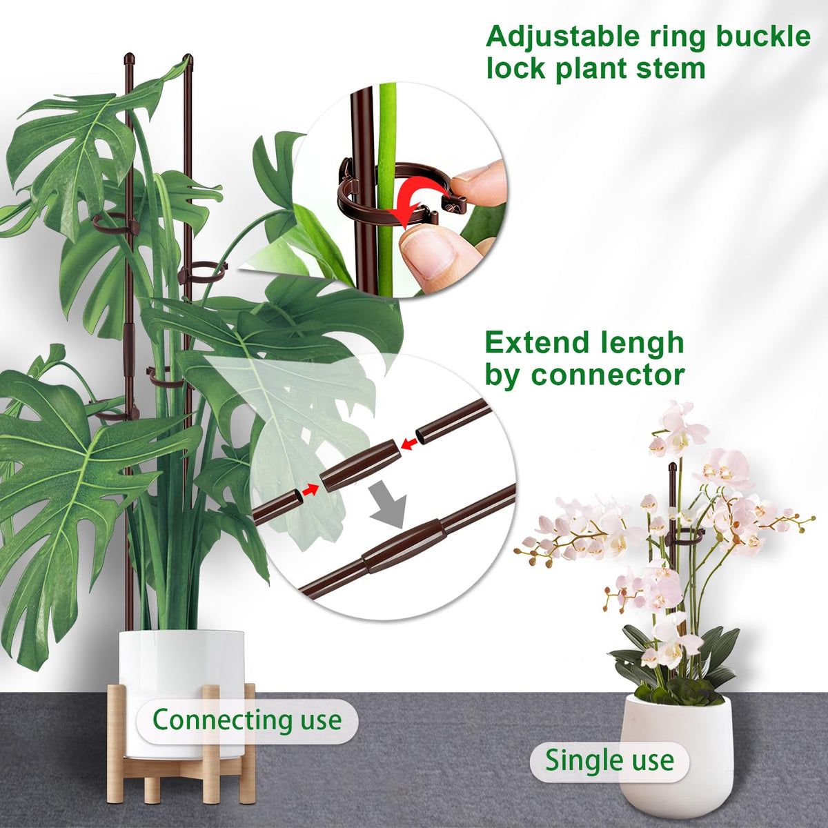 30Pcs Plant Support Stakes 17 inch SupKing Garden Orchid Sticks Extended to 3ft 4ft 5ft Plant Poles with Clips for Indoor Outdoor Potted Tomato Rose Amaryllis Vegetables Comes with 20 Ties(Brown)