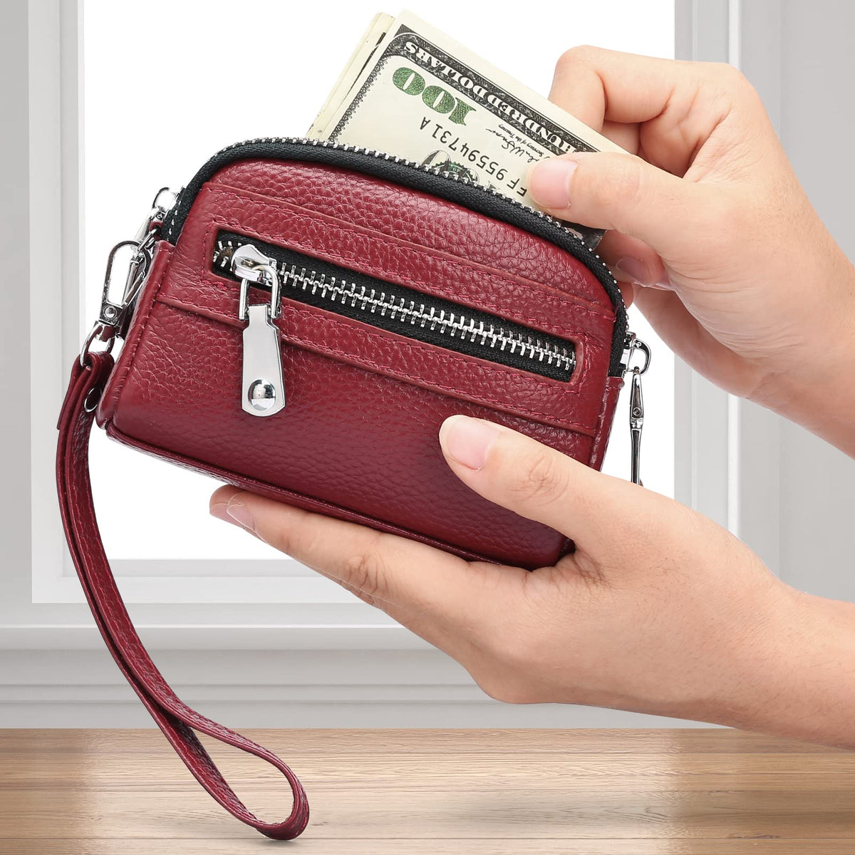 SENDEFN Coin Purse for Women Leather Wristlet Double Zip Around Small Change Pouch