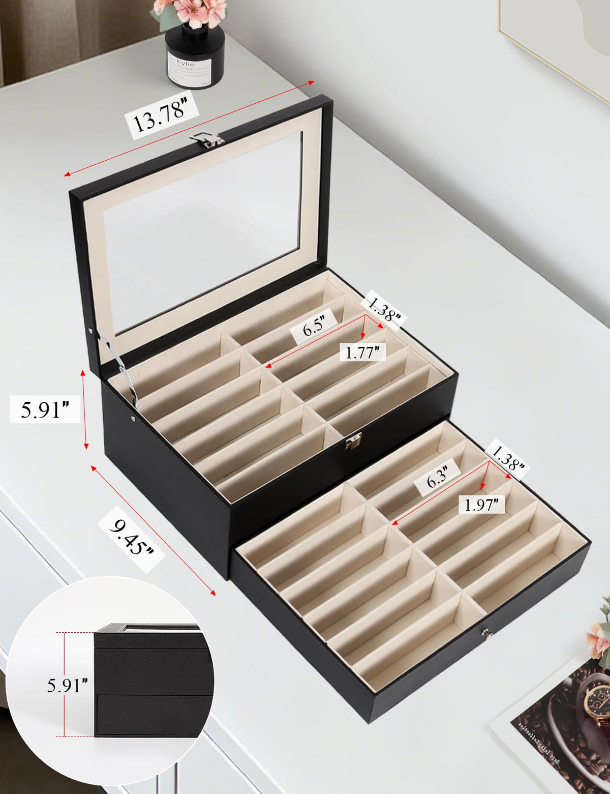 Huvon Sunglasses Storage Organizer Case with 24 Adjustable Slots, 2 Layer Multi Eyeglass Glasses Display Box with Lid Women