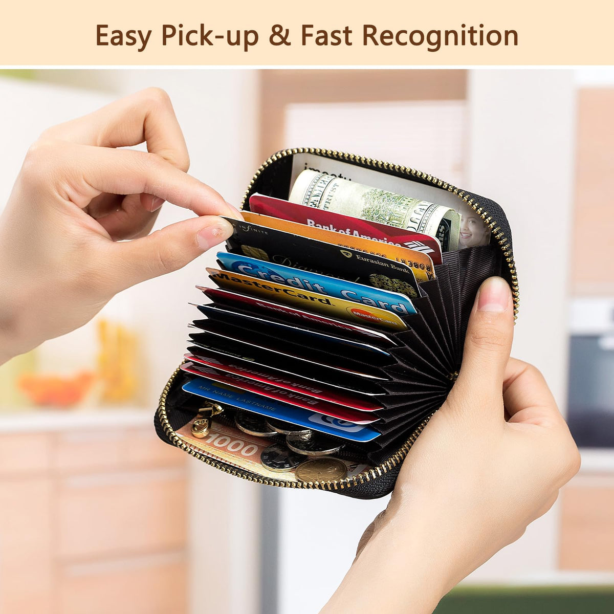 imeetu RFID Credit Card Holder, Small Leather Zipper Card Case Wallet for Women (Lite,Olive Green)
