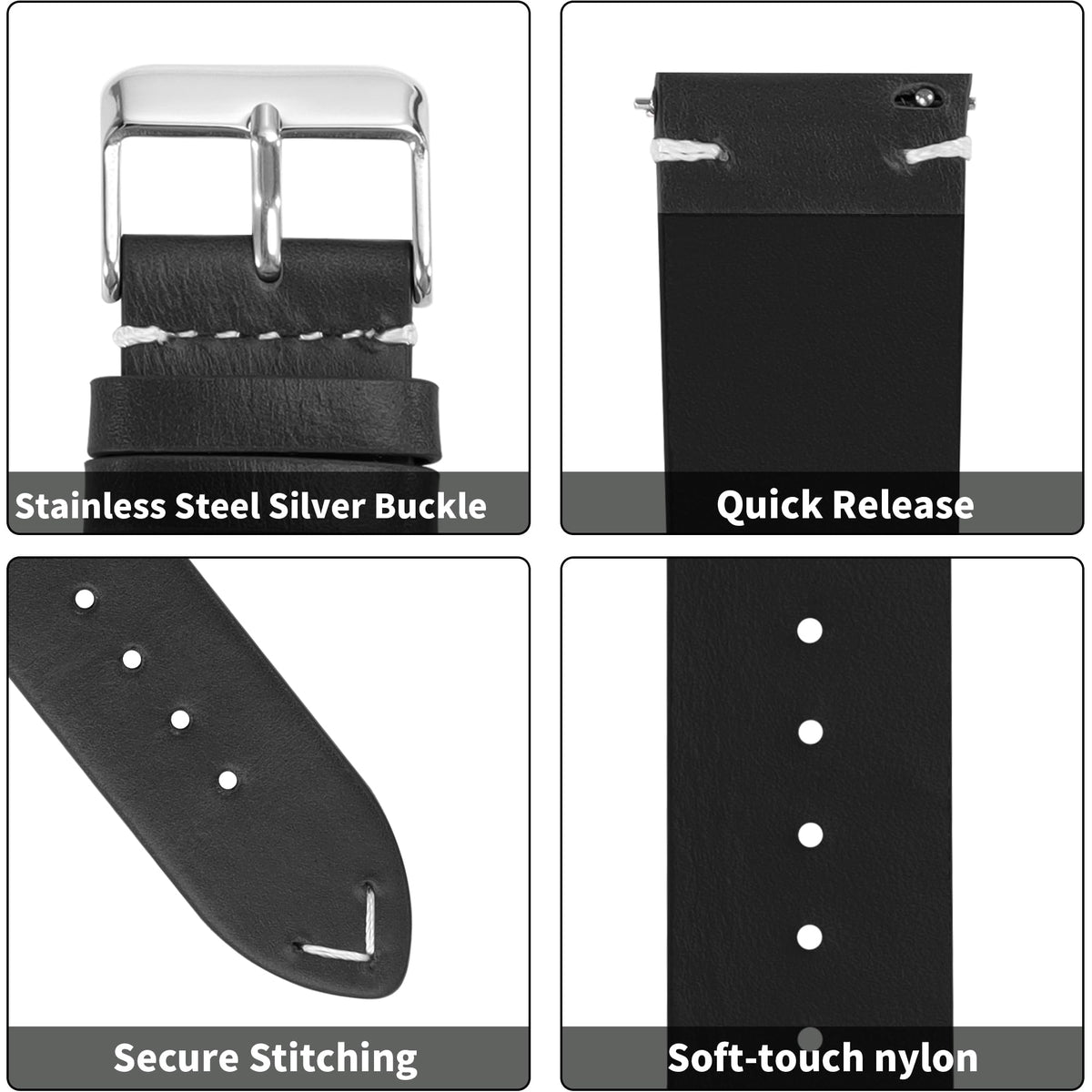 JUNGHELE leather watch bands for men and women, Quick Release leather watch strap with Silver Buckle watch leather strap, Black 18mm watch band