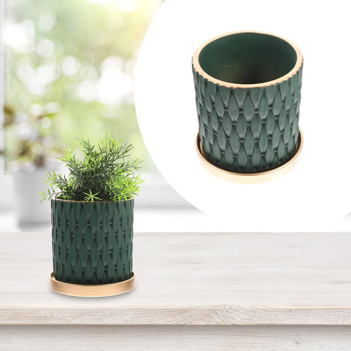 TIDTALEO European Style Cement Woven Pattern Plant Pot with Drainage Tray, Outdoor Indoor Nursery Flower Planter in Dark Emerald and Metallic Tray, Garden Planting Accessory for Patio