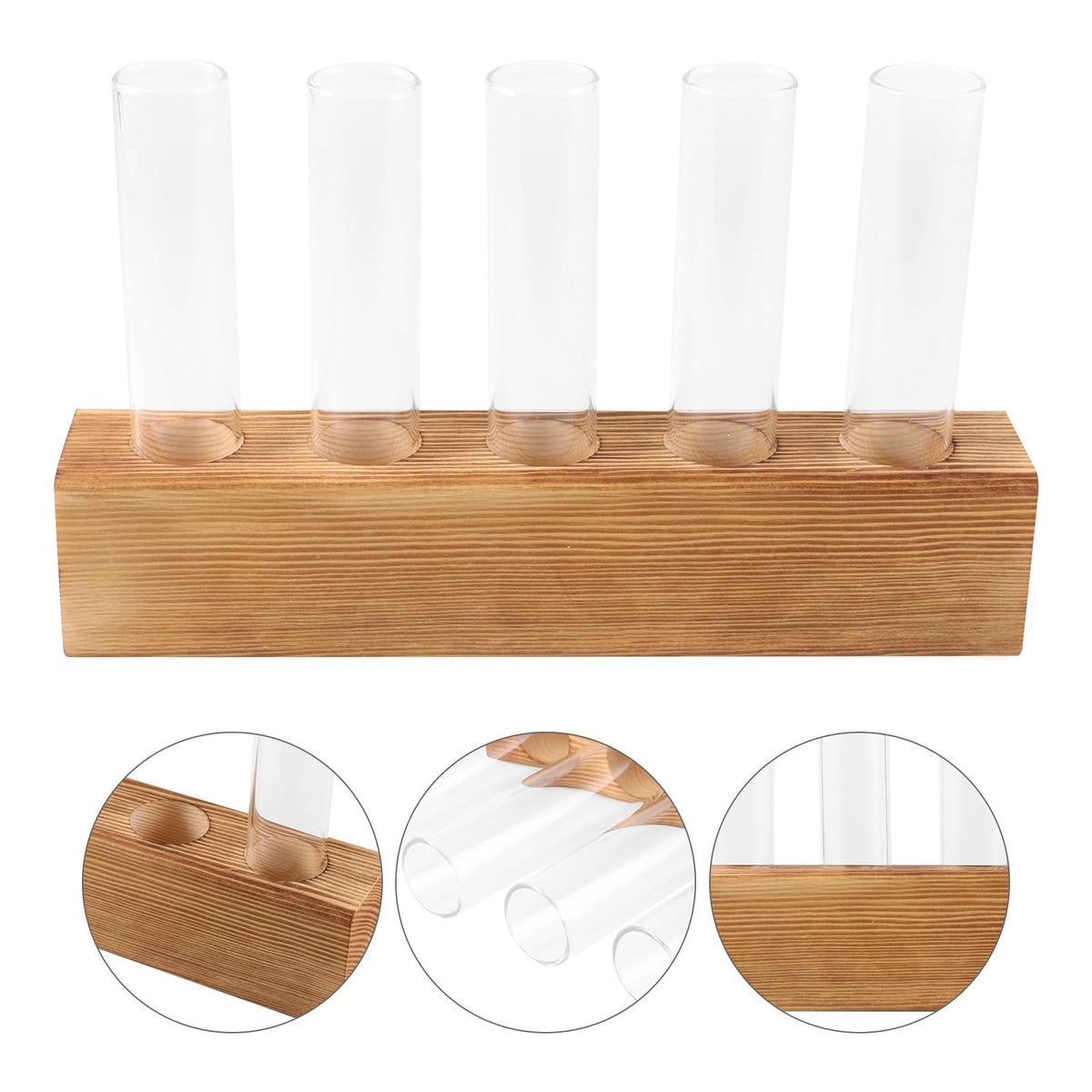 Sewroro Hydroponic Indoor Garden Glass Bud Vases with 5-Hole Wooden Stand Plant Terrarium for Desktop Office Home Décor