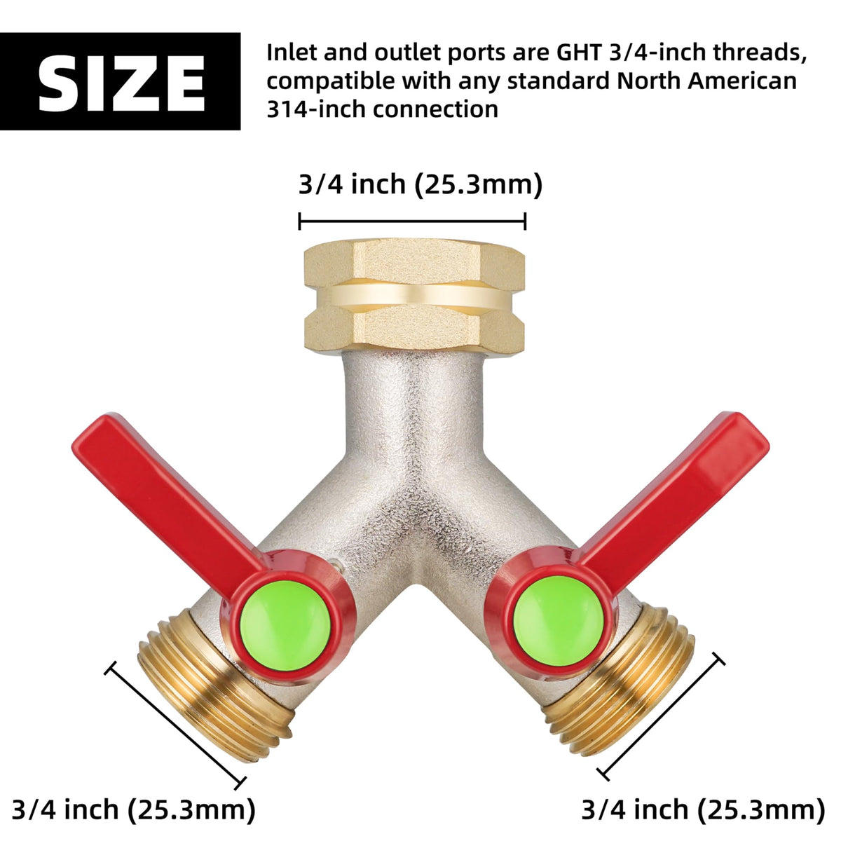 DINGBAI Garden Hose Splitter 2 Way,High flow Hose Splitters, Y Splitter 2 Valves, Faucet Splitter, Full Flow 2 Way Heavy Duty Brass Splitter, Outdoor Faucet Diverter, 2 Way Y Valve 3/4" GHT Thread.