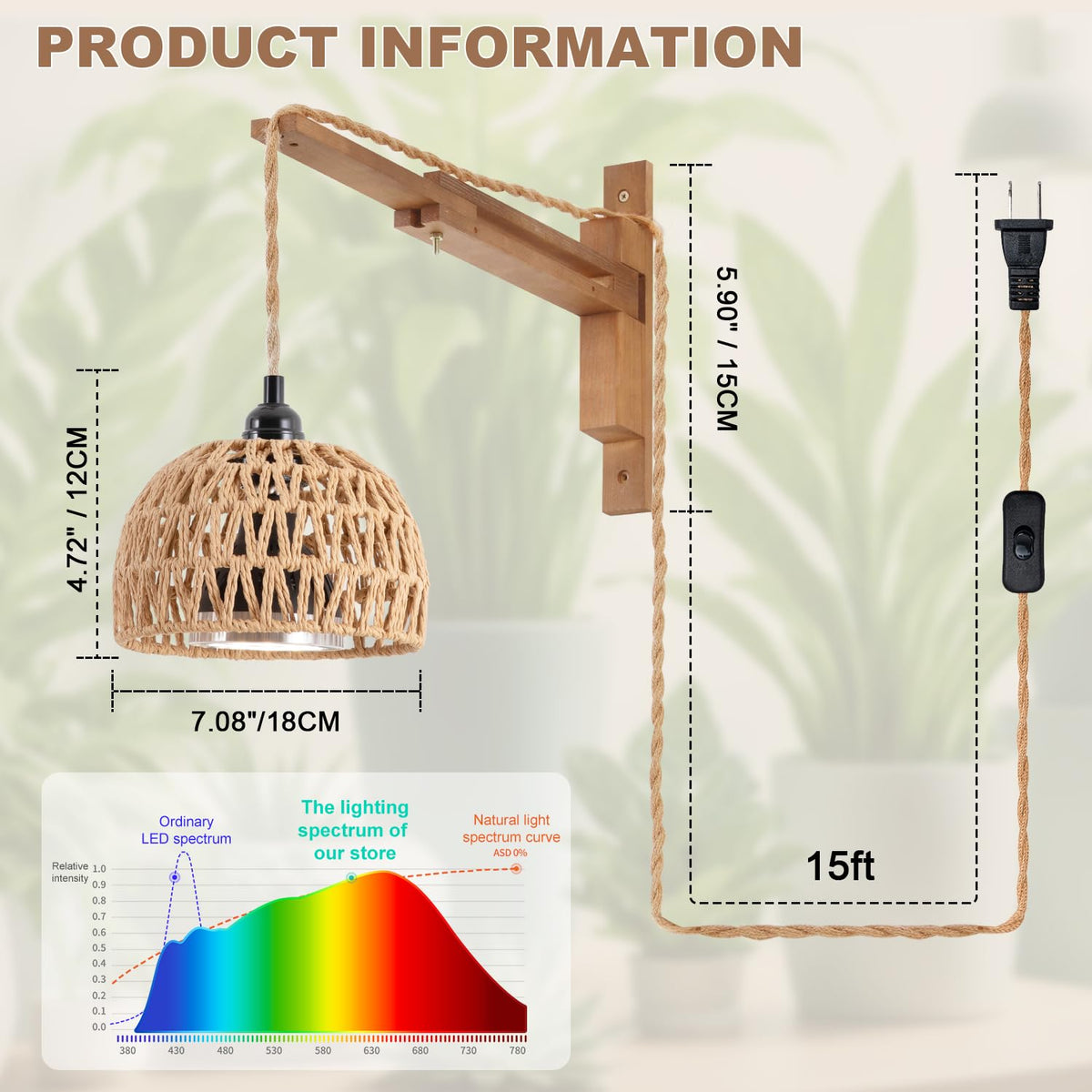 30W 4000K Indoor Plant wall Mounted Growth Light, Bohemian Style wall Mounted Plant Light with Timer, Equipped with a 14 Foot Power Cord, Suitable for Indoor Plant Cultivation and Floral Display