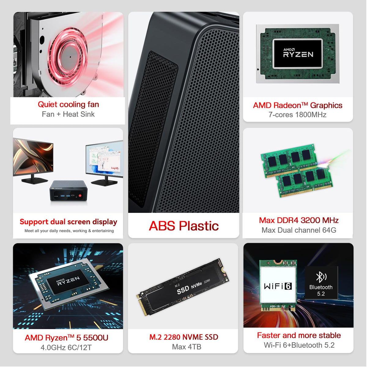Beelink Mini PC, SER5 AMD Ryzen 5 5500U(7nm, 6C/12T) up to 4.0GHz, Mini Gaming Computer 16GB DDR4 RAM 500GB NVME SSD, Micro PC 4K@60Hz Dual Display, Mini Computer WiFi6/BT5.2/HTPC/W-11 Pro