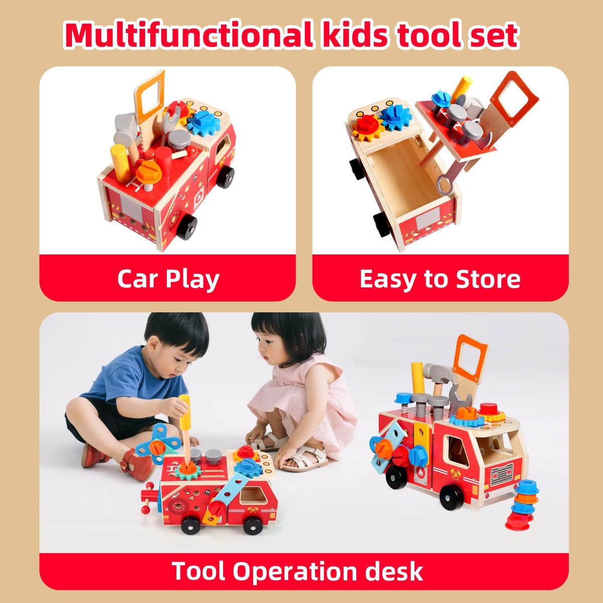 Toddler Tool Set - 33 PCS Wooden Kids Tools with Firetruck-Shaped Box / Bench, Montessori Educational Pretend Play Preschool Toys Gifts for 3 Year Old boy Girl Kids, STEM fine Motor Skills Tool Set