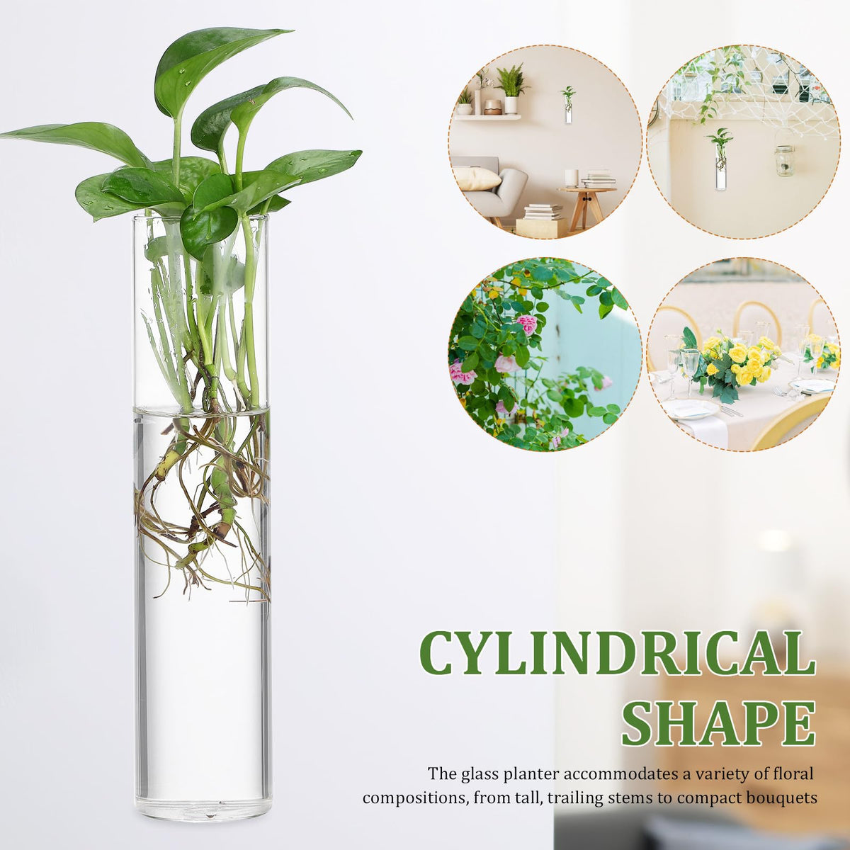 Uonlytech Wall Hanging Glass Vases for Hydroponic Plants, 2pcs Large Cylinder Water Plant Holders, Terrarium Stations for Home Décor and Indoor Garden